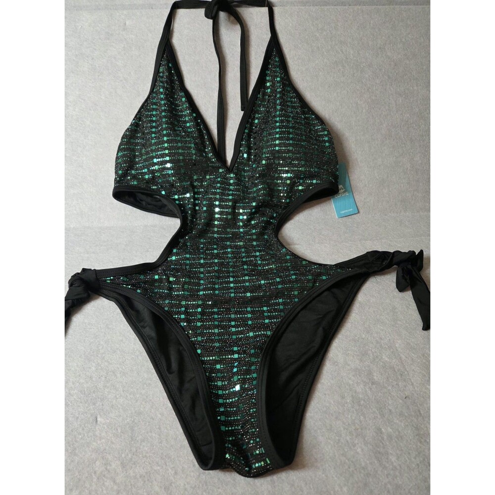 CUPSHE One Pc Swimsuit Sz L Black Green Metallic Foil Shimmer Cutout Halter NWT